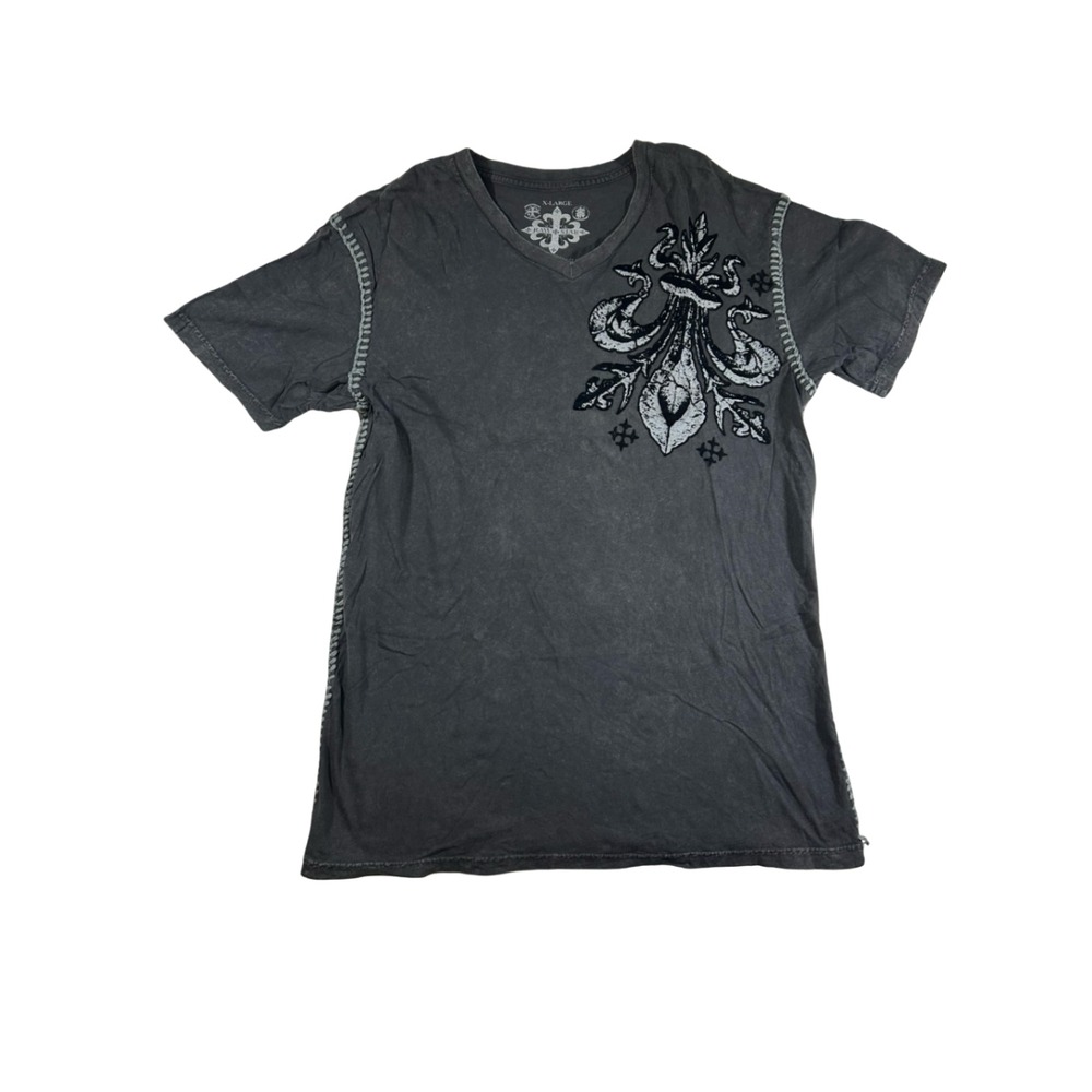 Raw State Mens XL V-Neck T-Shirt Faded Black Winged Cross Flocked Graphic Y2K